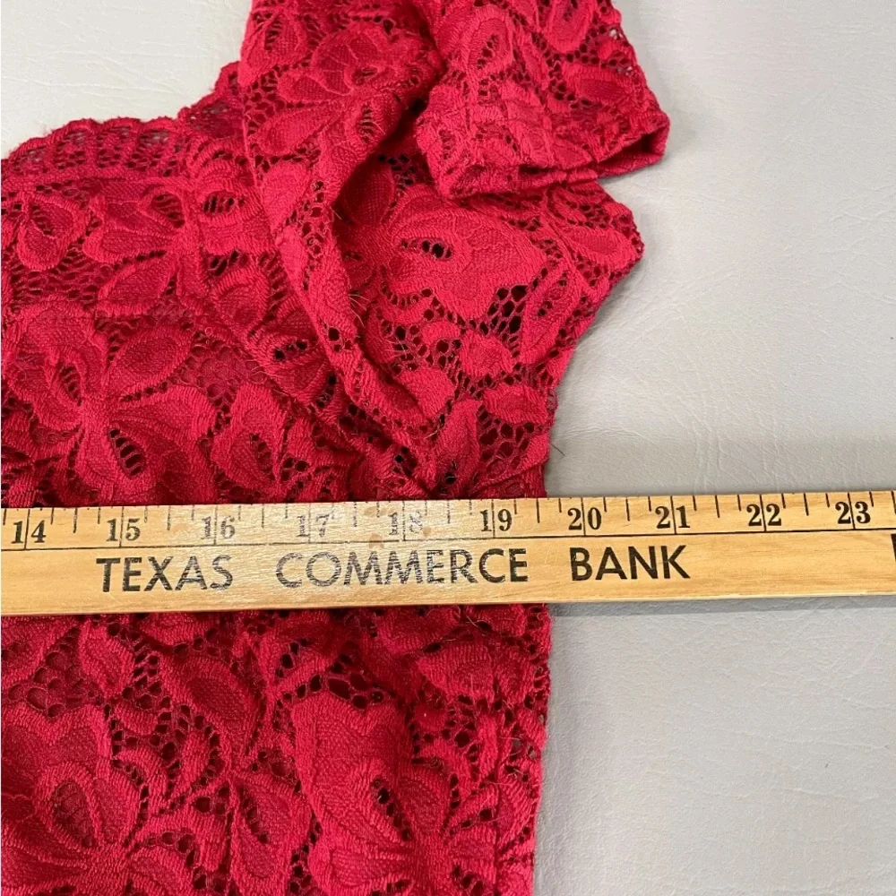 ACEVOG size XL red lace off shoulder midi dress lined with stretch 3/4 sleeve - Picture 13 of 14